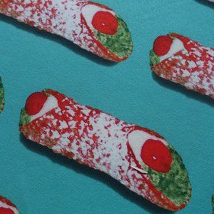 sewing fabric polyester Cherry Pistachio Cannoli on Green teal 1 meter metre